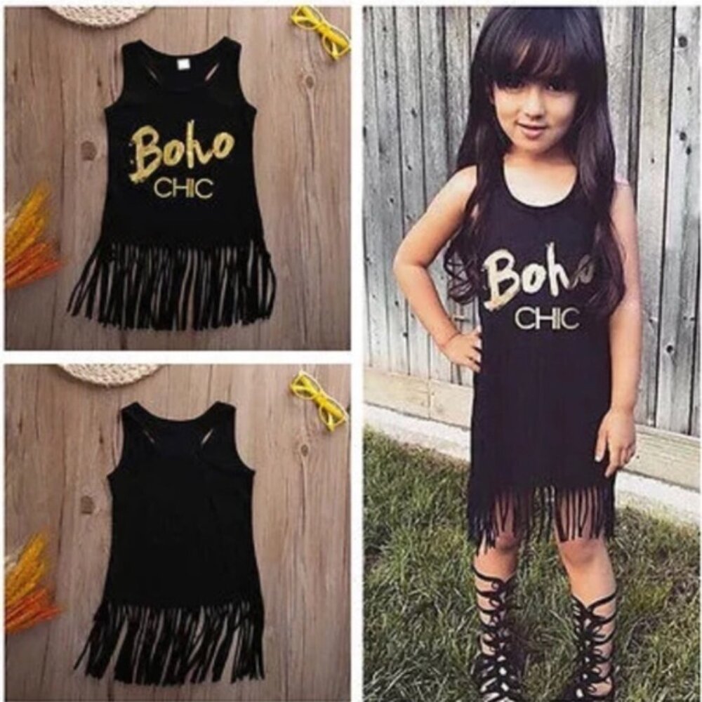 Toddler Girls BOHO CHIC Black Gold Fringe Bottom Top Dress Beach Cover-up NEW